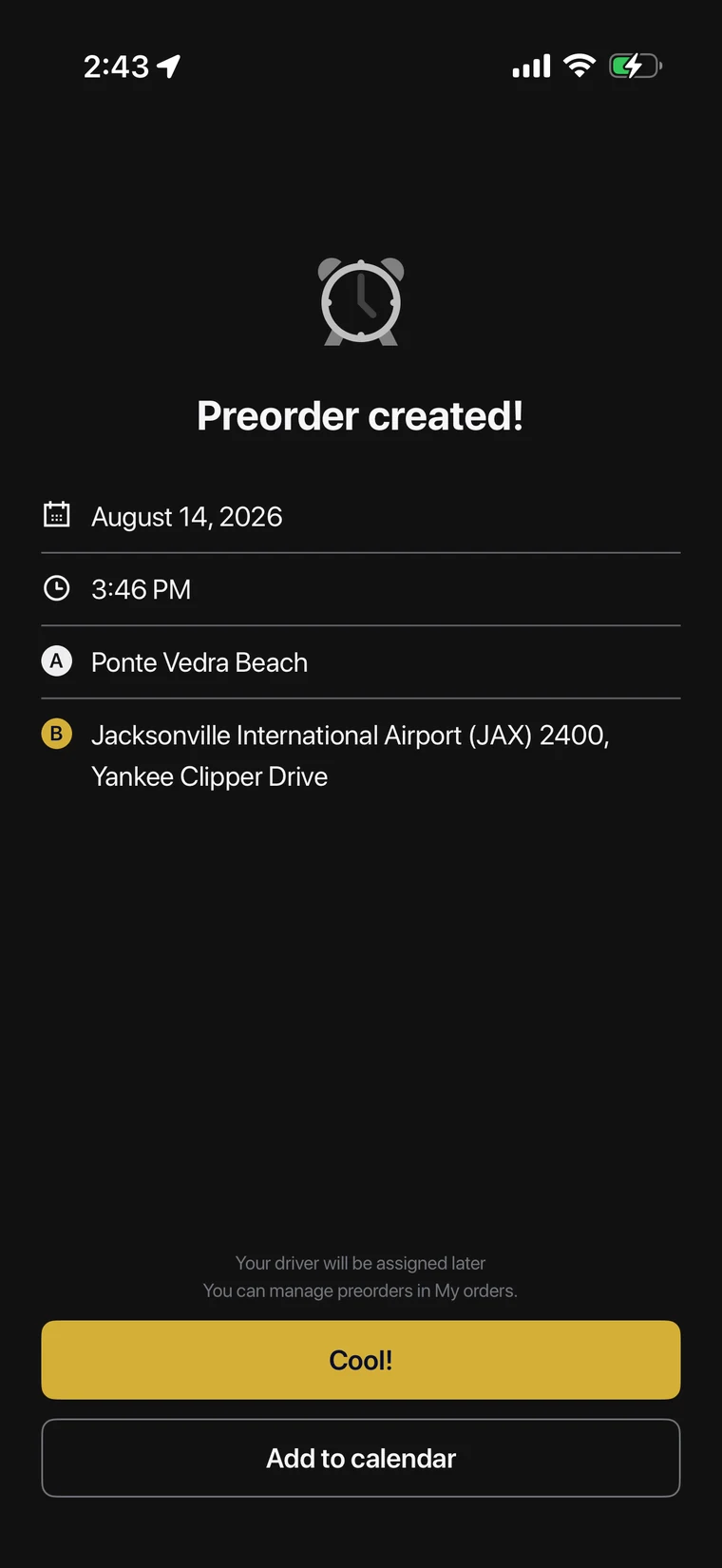 LUXi ride confirmation screen
