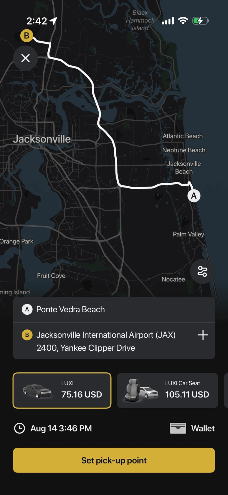 LUXi passenger app showing upfront pricing