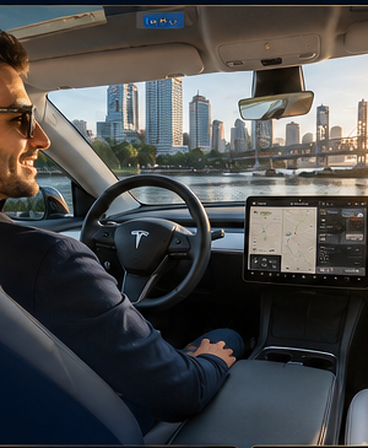 Professional driver seated in a Tesla with a white interior